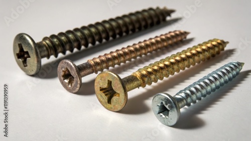 A medium closeup of a of varioussized screws featuring differing head types like slotted and Phillips with their threads intricately displayed and casting small shadows.