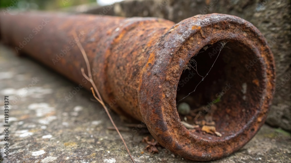 A medium closeup of a rusted cast iron drainpipe revealing age and wear with specks of corrosion and a tangle of roots visible through a visible crack. A medium closeup of a rusted cast iron drainpipe revealing age and wear with specks of corrosion and a tangle of roots visible through a visible crack.