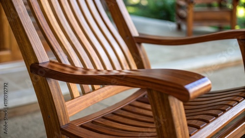 A medium closeup of a wooden rocking chair focusing on the curved armrests and slatted back displaying rich warm hues and a smooth finish that invites relaxation. photo