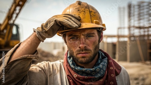 A medium closeup of a worker in a hard hat wiping sweat from his forehead with a stained bandana illustrating the physical toll and determination needed on a hot day at the site. photo