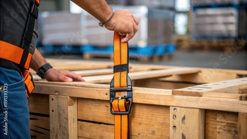 A medium closeup of a workers hand adjusting the safety harness around a wooden crate illustrating the meticulous attention to detail necessary for secure lifting operations.