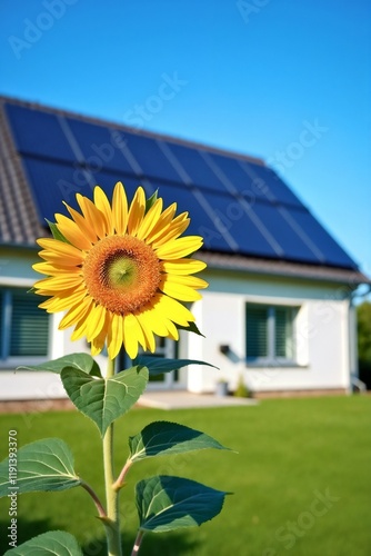 A modern house with a dark sloped roof and solar panels, set against a clear blue sky. A bright yellow sunflower in the foreground adds natural charm to the scene..