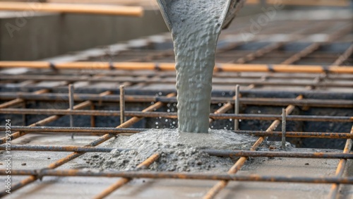 A medium closeup of concrete being poured into the formwork capturing the fluid motion as it fills the voids of the skeletal framework. The rich gray color of the concrete