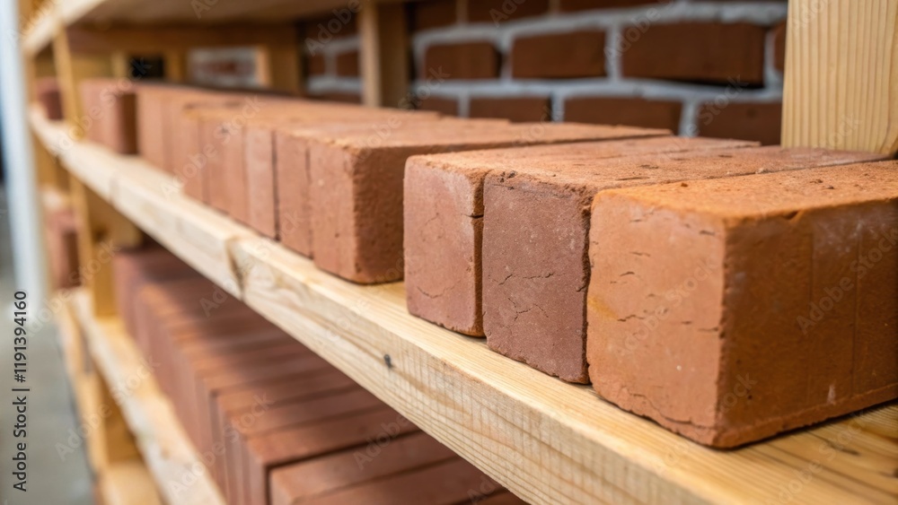 A medium closeup of freshly shaped bricks lined up on a wooden shelf with some showing slight cracks and uneven surfaces giving a glimpse into the handmade quality of each piece. A medium closeup of freshly shaped bricks lined up on a wooden shelf with some showing slight cracks and uneven surfaces giving a glimpse into the handmade quality of each piece.