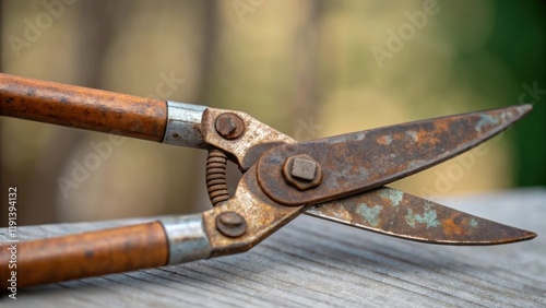 A medium closeup of gardening shears displaying a rusty blade and mottled handles embodying the toil of pruning and shaping over the seasons longing for restoration. photo