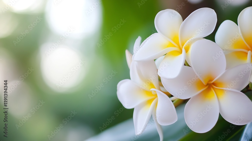 Fototapeta premium Beautiful Cluster of Frangipani Blossoms Against a Soft Green Background : Generative AI