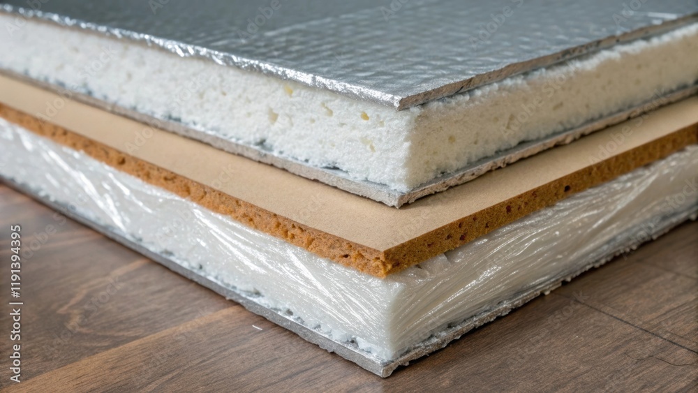 A medium closeup of HVAC duct insulation featuring a multilayered look with foam and aluminum sheathing showcasing its thickness and resilience designed for temperature regulation A medium closeup of HVAC duct insulation featuring a multilayered look with foam and aluminum sheathing showcasing its thickness and resilience designed for temperature regulation