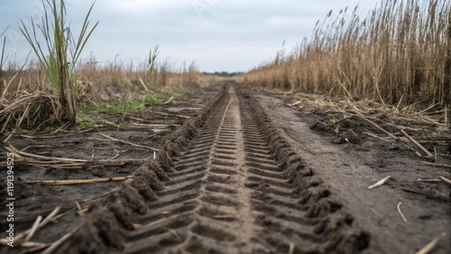 A medium closeup of machinery tracks imprinted on a muddy field surrounded by wilting grasses capturing the drastic alteration of the landscape caused by heavy equipment.