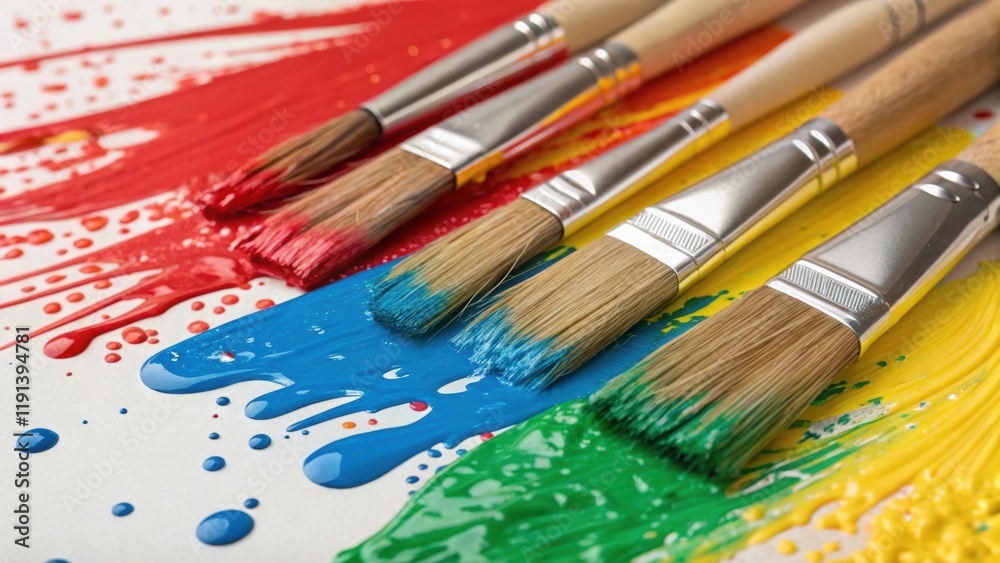 Fototapeta premium A medium closeup of paintbrushes dipping into vibrant colors with splashes of paint on the construction surface behind emphasizing the creative aspect of construction as an art