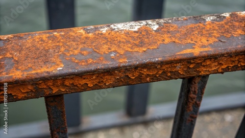 A medium closeup of rust forming on a metal railing emphasizing the orangebrown flaking patches contrasted against the steels dark surface indicating prolonged exposure to moisture photo