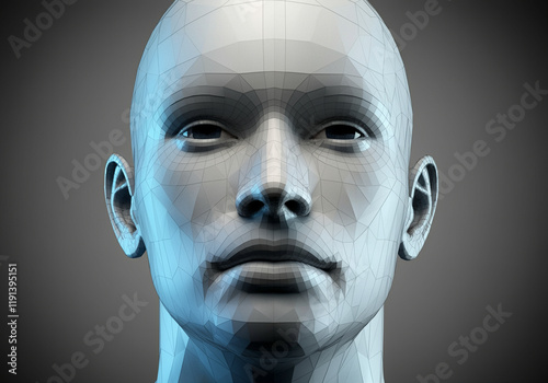 3D model of human head wireframe structure with realistic facial features and detailed textures