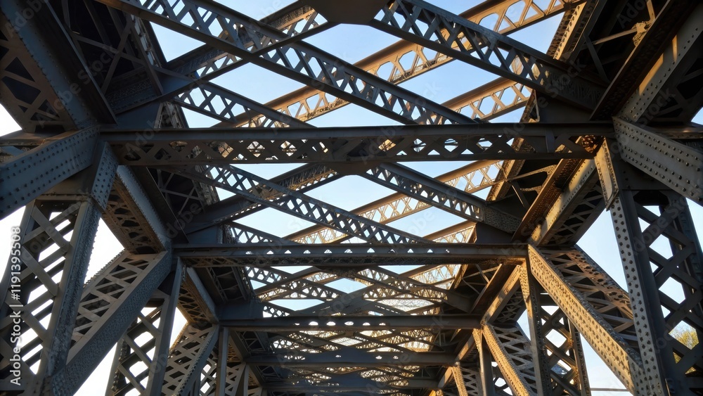 A medium closeup of the intricate lattice work of a steel truss showing the interlocking pieces that contribute to its strength with sunlight filtering through and casting shadows A medium closeup of the intricate lattice work of a steel truss showing the interlocking pieces that contribute to its strength with sunlight filtering through and casting shadows