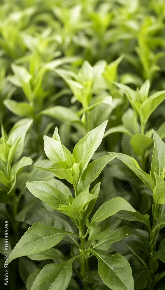 Lush green basil plants thriving in a cultivated field, ready for harvest; perfect for culinary and health websites Lush green basil plants thriving in a cultivated field, ready for harvest; perfect for culinary and health websites
