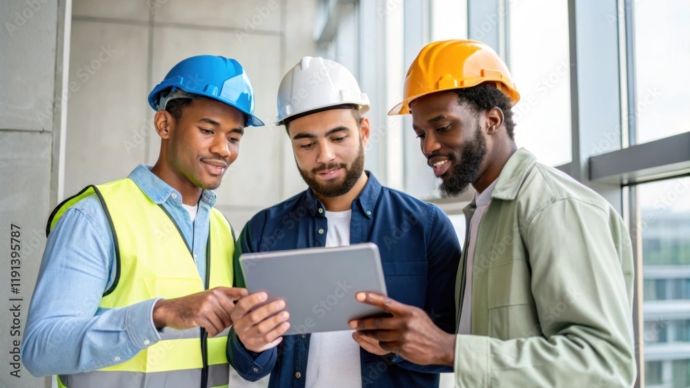 A medium closeup of three workers with varying skin tones discussing a plan while pointing at a digital tablet conveying a sense of collaboration and innovation in the construction A medium closeup of three workers with varying skin tones discussing a plan while pointing at a digital tablet conveying a sense of collaboration and innovation in the construction