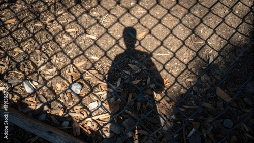 A medium closeup of the workers shadow intermingles with tered debris as the sun filters through a chainlink fence creating an intricate pattern on the ground. photo