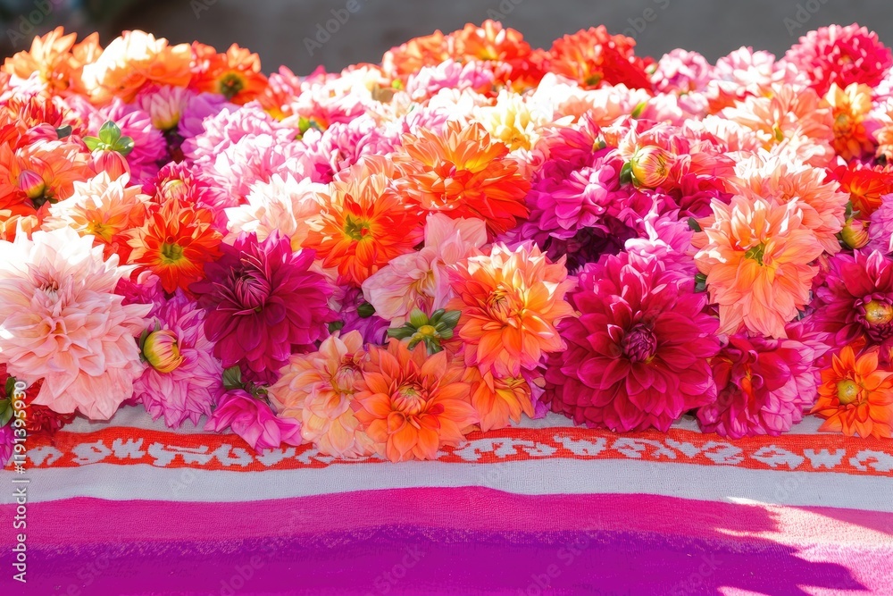 Vibrant dahlia blooms displayed on a colorful cloth Vibrant dahlia blooms displayed on a colorful cloth