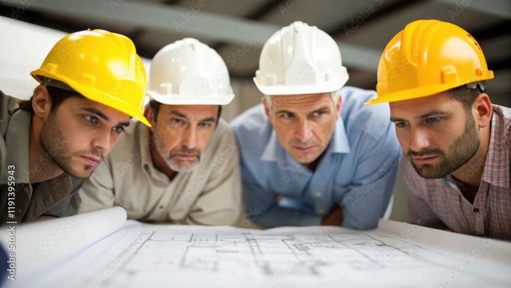 A medium closeup of workers in hard hats collaborating around a detailed blueprint their expressions focused and determined highlighting the teamwork that drives complex A medium closeup of workers in hard hats collaborating around a detailed blueprint their expressions focused and determined highlighting the teamwork that drives complex