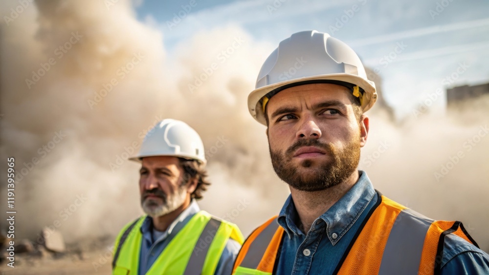 A medium closeup of workers in hard hats monitoring the demolition from a safe distance their focused expressions showing determination and precision amidst a swirling cloud of A medium closeup of workers in hard hats monitoring the demolition from a safe distance their focused expressions showing determination and precision amidst a swirling cloud of