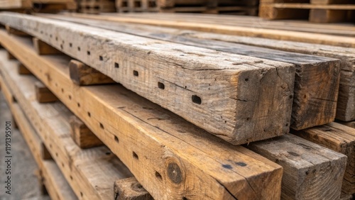 A medium closeup of wooden beams sourced from old industrial pallets featuring distinct nail holes and a rich patina that tells the story of their past life.