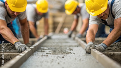 A medium closeup of workers in hard hats laboriously guiding the stream of concrete their hands caked with gray material demonstrating teamwork in action as the foundation takes photo