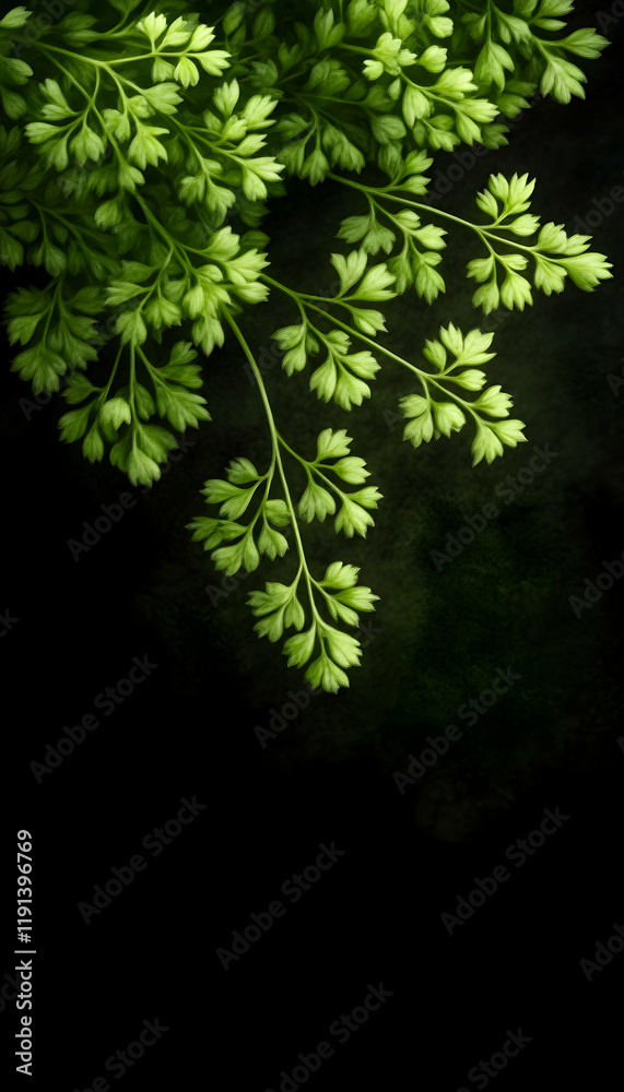 Lush green fern branch against dark background, nature photography for design Lush green fern branch against dark background, nature photography for design