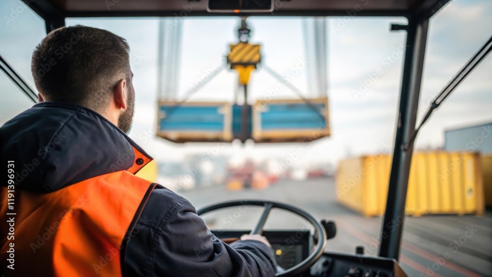 A medium closeup shows the operator adjusting the cranes controls with a blurred view of the suspended cargo in the foreground showcasing the tension of the moment as the load A medium closeup shows the operator adjusting the cranes controls with a blurred view of the suspended cargo in the foreground showcasing the tension of the moment as the load