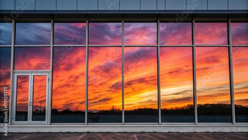 An abstract composition emerges as the rippling colors of the sunset merge into the reflectivity of the unfinished windows blurring the line between reality and reflection. photo