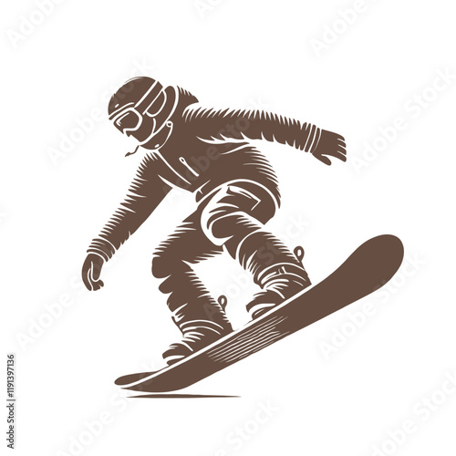 A dynamic monochrome illustration of a snowboarder in motion, ideal for winter sports themes, adventure designs, or outdoor activity artwork. Isolated vector illustration.