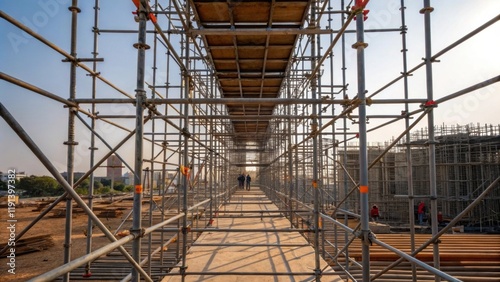 An array of scaffolding structures intricately interconnected climbing toward the sky illustrating the progress and design of a multistory framework in its early stages. photo