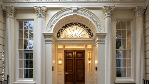 An elegant doorway adorned with a transom window and sidelights showcasing symmetrical proportions and classic pilasters characteristic of Georgian architectural design. photo