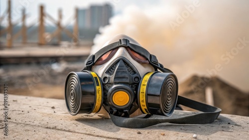 An extreme closeup of a respirator mask highlighting the dual filters and adjustable ss with a faint haze of construction dust visible in the background underscoring respiratory