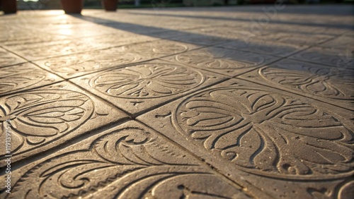 An extreme closeup of patterned stamped concrete with intricate designs and grooves that cast delicate shadows emphasizing the craftsmanship of the finish.