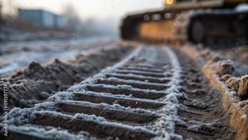 An intense closeup of heavy machinery tracks embedded in muddy ground juxtaposed with a fine layer of frost symbolizing the clash of conditions on a remote building site. photo