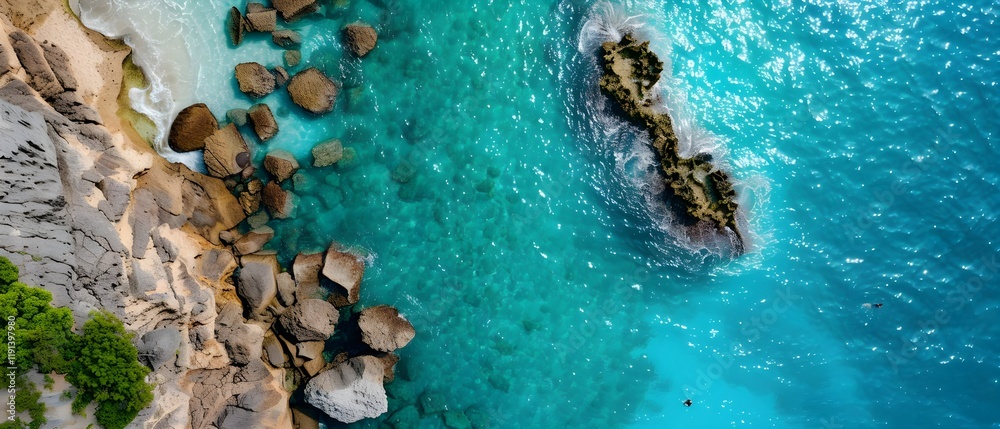 Obraz premium Aerial View of Turquoise Waters and Rocky Shoreline with Clear Ocean