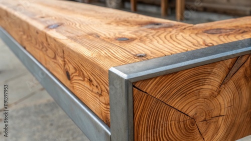 An intricate closeup of a wooden beam revealing its rich organic swirls and natural knots while a sharp angular metal edge intersects it at an ae angle illustrating the harmony and photo