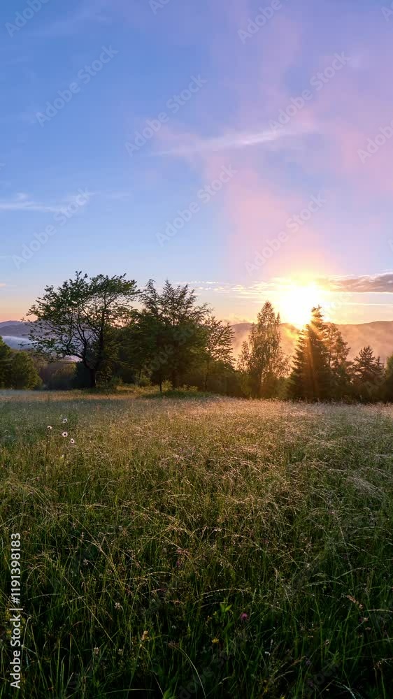 Vertical video,Sunset in the spring Carpathian landscape, the sun's rays illuminate a green meadow, Vertical video,Sunset in the spring Carpathian landscape, the sun's rays illuminate a green meadow,