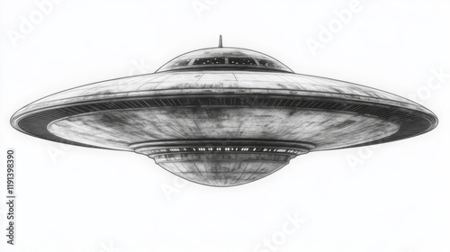 grayscale flying saucer sketch: detailed monochrome UFO illustration with vintage spaceship design and sci-fi alien themes in classic pencil and realistic extraterrestrial artwork form