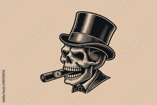 Vintage skull in top hat smoking cigar, black and white engraving art