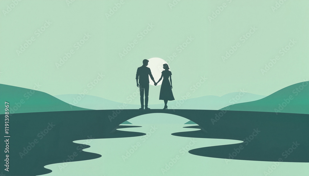 Obraz premium Couple holding hands on bridge against serene landscape