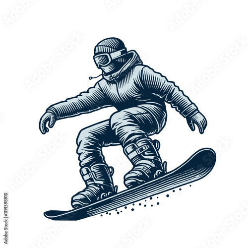 A monochrome illustration of a snowboarder in motion, showcasing precision and style, perfect for winter sports themes, adventure, and bold graphic artwork. Isolated vector illustration.