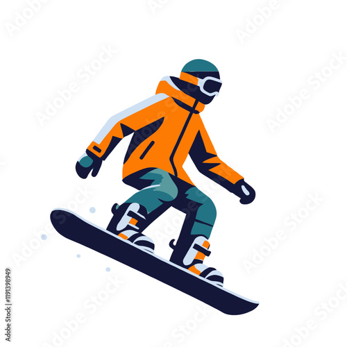 A colorful illustration of a snowboarder in an orange jacket mid-air, showcasing energy and adventure, perfect for winter sports and active lifestyle themes. Isolated vector illustration.