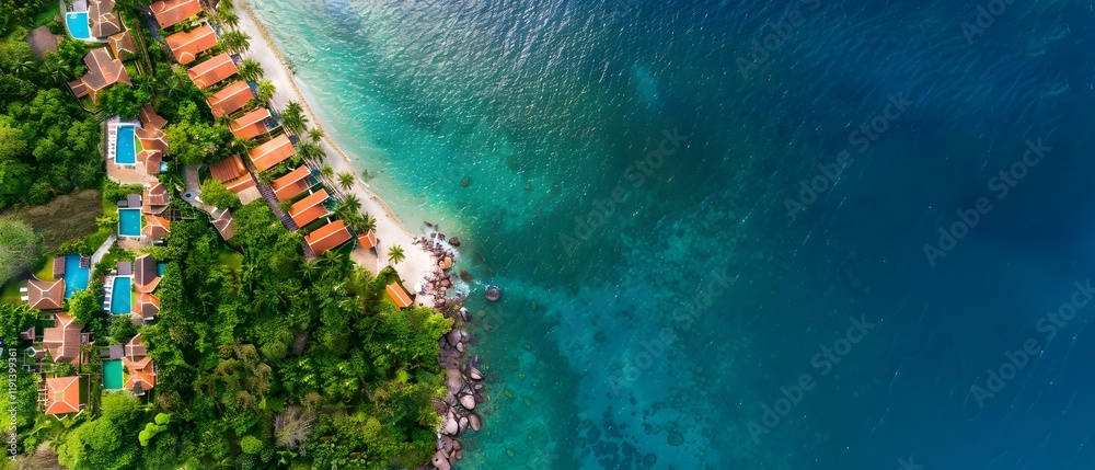 Fototapeta premium Aerial View of Tropical Beach with Villas and Clear Blue Water Resort