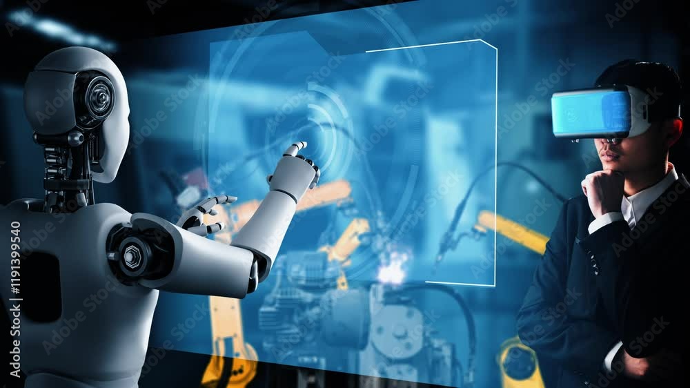 Cybernated industry robot and human worker working together in future factory . Concept of artificial intelligence for industrial revolution and automation manufacturing process .