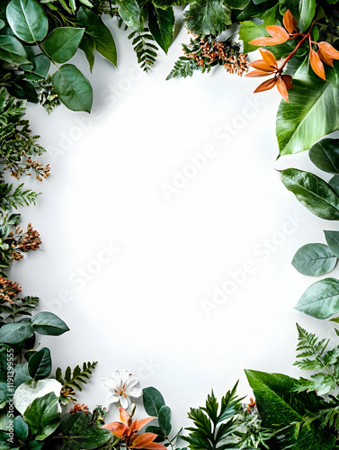 Lush green foliage frame on white background, ideal for text or product placement, nature theme