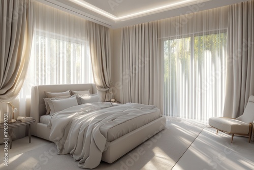 A serene master bedroom with soft drapes, upholstered furniture, and muted tones