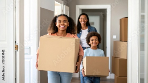 Closeup of a family moving boxes into a brand new home their expressions filled with joy and optimism symbolizing new beginnings in affordable housing.