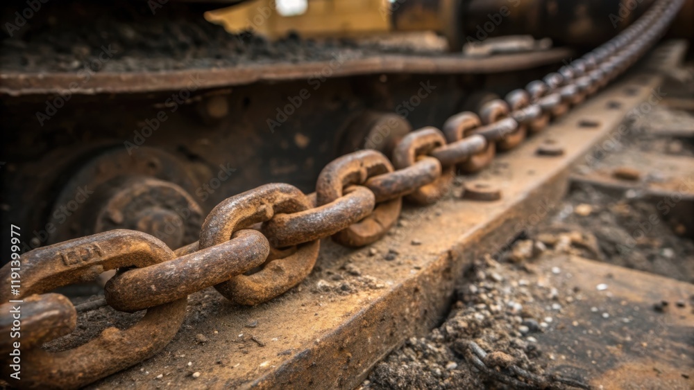 Closeup of a rusted chain link affixed to a piece of heavy machinery surrounded by tered debris and a light coating of dust emphasizing wear from exposure. Closeup of a rusted chain link affixed to a piece of heavy machinery surrounded by tered debris and a light coating of dust emphasizing wear from exposure.