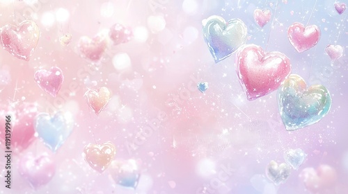 Soft Pastel Background with Floating Colorful Hearts and Sparkling Bokeh Effects for Romantic Themes