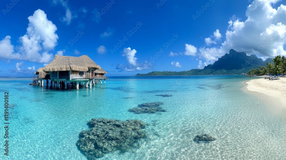 Fototapeta premium Tropical Island Paradise: Luxurious Overwater Bungalows