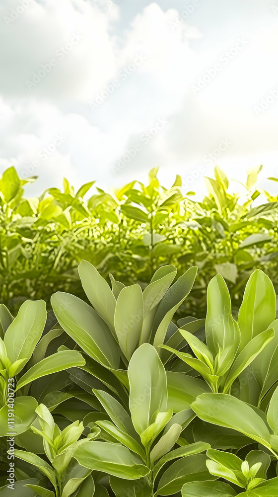 Obraz premium Lush green foliage under a bright sky, perfect for nature-themed designs or relaxing backgrounds